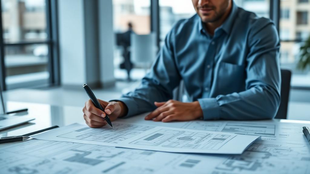 Engineer reviewing technical blueprints and specification documents for water infrastructure projects